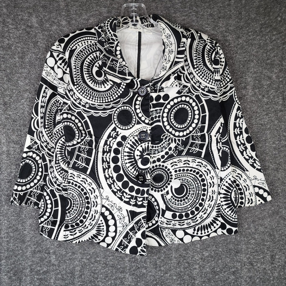 Cato Button Front Jacket Women Medium Bl/WH Geometric Mandala Art 3/4 Sleeve
